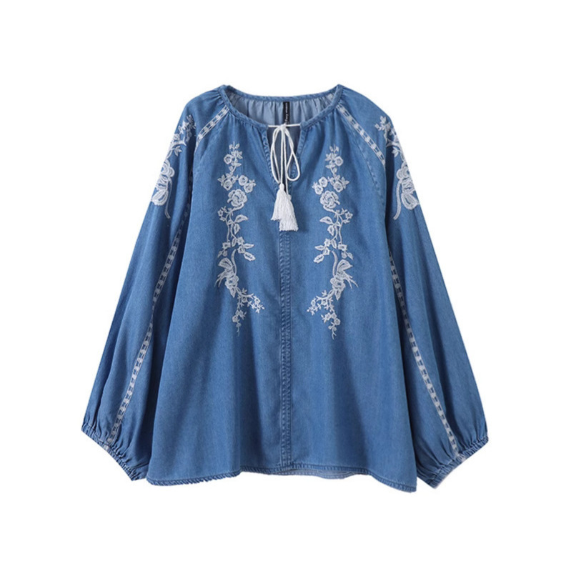 Femmes Denim Blouse haut fleur - Tassel Fringe Trim avis et prix